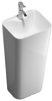 Independiente Lavabo de baño moderno cerámica blanca una pieza con pedestal, grifo plateado y kit desagüe moderno