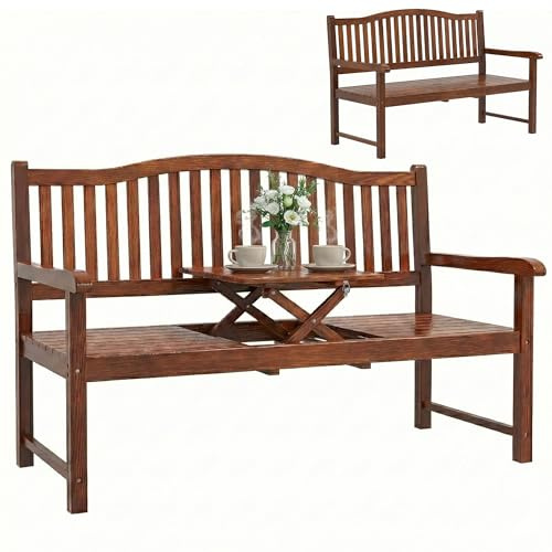 Outsunny Wooden Garden Loveseat with Waterproof Cover, 2-3 Seater Outdoor Bench with Liftable Table, Poplar Wood Jack and Jill Garden Seat with Armrests for Patio, Porch, Light Brown