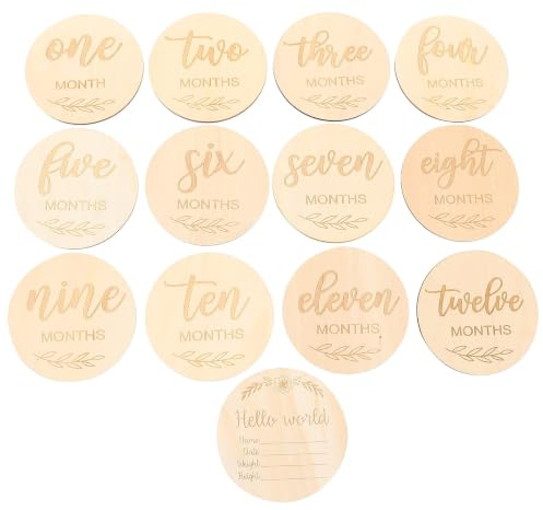 SHINEOFI 13pcs Wooden Monthly Milestone Cards for Newborn Photography Props, Growth Commemoration Discs Made of Wood Unique Fashion Shaped Design, for Taking Lovely Photos