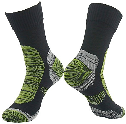 RANDY SUN Women Waterproof Skiing Socks, Mens' Multisport Rainy Snowy Outdoor Hiking Wading Trail Half-Cushion Dry Warm Moisture Control Comfortable Crew Socks, Black&Grass Green M