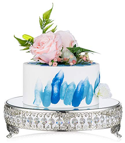 NUPTIO Spiegelständer für Kuchen Silber: 31cm Tortenständer Dessertteller Metall Groß mit Kristallperlen für Hochzeit Geburtstag Babyparty Party Cupcake Nachmittagstee Kuchen Desserttisch