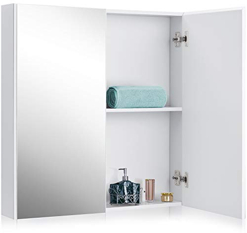 GOPLUS Spiegelschrank mit 2 Türen, Badezimmerschrank mit Spiegel, Hängeschrank Badschrank Wandschrank Bad für Badezimmer, 65 x 11 x 65 cm, Weiß