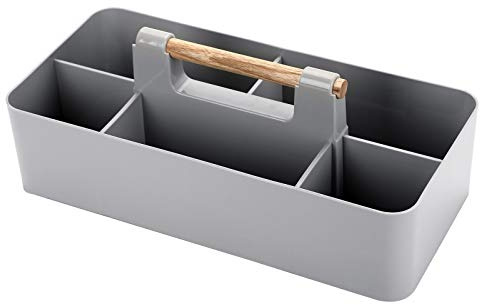 BSTKEY Rectangular Stackable Desktop Storage Organizer Tote Divided Basket Bin, Plastic 5 Compartments Storage Box Holder with Wood Handle (Light Grey)