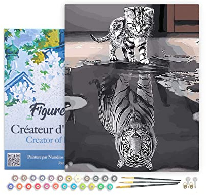 Figured'Art Peinture par Numéro Adulte avec Cadre Chaton Reflet Tigre - Activité Manuelle Kit de Loisir Créatif DIY Numéro d'Art Complet - 40x50cm toile tendue sur châssis