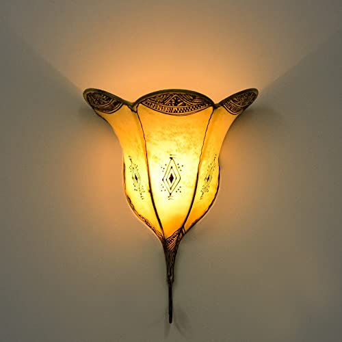 260262 Applique murale orientale d'intérieur en forme de fleur Blanc naturel 35 cm Vintage Henné marocain Armature en métal Abat-jour en cuir Lampe au henné Lampe marocaine en cuir fait main