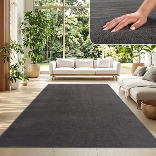 TT Home Wohnzimmer Teppich Kurzflor Anti-Rutsch Rückseite Unifarben Modern Waschbar, Farbe:Anthrazit, Größe:120x160 cm