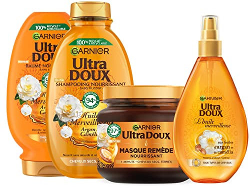 Garnier - Routine pour Cheveux Secs - Huiles Merveilleuses - Huile, Shampooing, Masque et Après-Shampooing Démêlant - Enrichis en Huiles d'Argan et de Camélia - Ultra Doux - 4 Produits