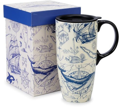 Topadorn Ceramic Travel Mug 17oz - Reusable Coffee Tea Cup with Sealed Lid and Handle - Microwave & Dishwasher Safe for Commute Office Home - Sailboat