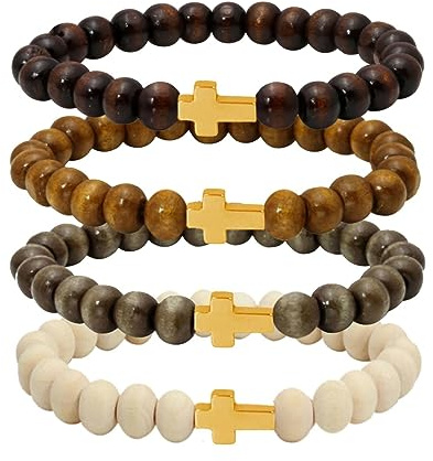 Manfnee 3-4Pcs Pulsera Crucifijo 8mm con Perlas de Madera y Cruz, Unisex, Pulsera Elástica de Fantasía, 17 centimeters, No Gemstone