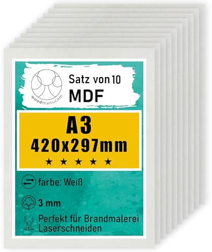 woodmanucom A3 MDF Platten | 420 x 297 x 3 mm | Bastelplatte Dünne Holz-Platten | Perfekt für Laser, CNC Router, Laubsäge, Modellierung (10 Stück weiße)