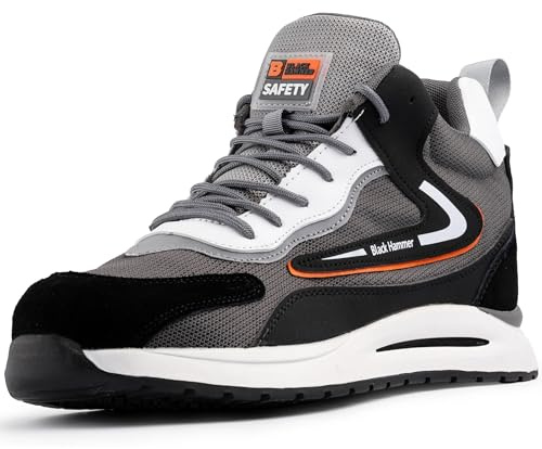 Black Hammer Titan Steel Toe Cap Men's Athletic Shoes - Safety Shoes for All-Around Professional Protection - Grey, Sizes 5-13 UK | Kevlar puncture-resistant midsole, leather upper, foam cushioning, rubber outsole and 6-month sole warranty.