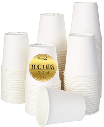 GreenFyA 100 Vasos De Papel 200ml (7oz) Ecológicos Desechables apto Cafe-Agua-Bebidas Calientes y Frias- Ideales para Fiestas, Eventos, Catering, Oficinas y Hostelería