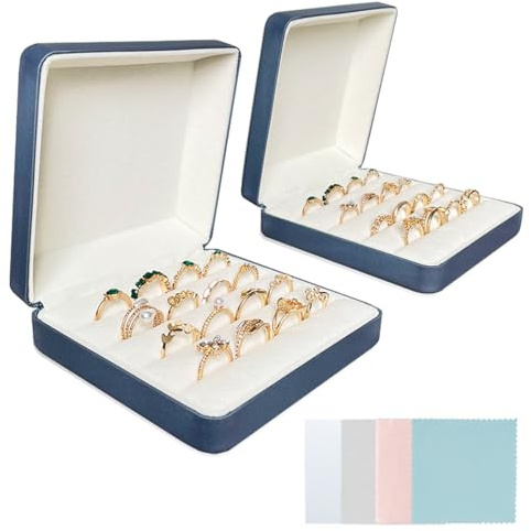 XingyLi 2Pcs Ring Organizer Boxes for Jewellery, Travel Jewellery Box with 4Pcs Silver Cloths, Small Ring Holder Organiser Display Case, Portable Rings Storage Tray Gift Box for Earring Cufflink