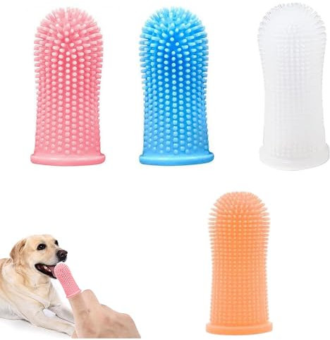 4 Stück Hundezahnbürste, 360º Pets Zähne Reinigung Zahnbürste, Fingerzahnbürste Hund Katze, Zahnbürste Hund, Für Hunde, Welpen, Katzen & Kleine Haustiere Zahnpflege(Blau, Rosa)