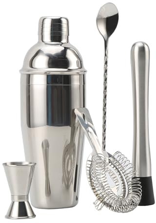 Gevvnss Kit de coctelera de 5 piezas, de acero inoxidable, kit de camarero de 25 onzas con coctelera, medidor, cuchara, colador para mezclar bebidas, hogar, bar, fiesta