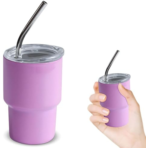 Mini bicchierino da liquore con cannuccia e coperchio, 141,7 g, in acciaio inox, per caffè espresso, liquori, matrimoni, feste, campeggio, attività all'aperto, carnevale, Oktoberfest, acqua, birra