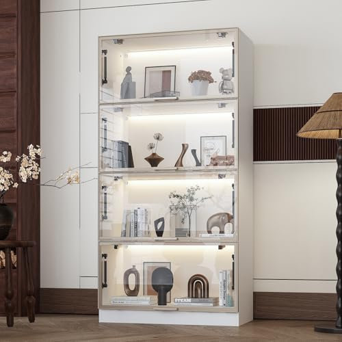 DAWNSPACES Vitrine mit LED-Beleuchtung,Glasvitrine mit Flügeltür,Vitrinenschrank mit 4 Regalen,Glasschrank mit Aluminiumrahmen,gehärtetem Glas,für Wohnzimmer Heimbüro,weiß,80X40X160CM