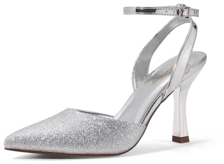 Zhabtuc Décolleté alla Moda con Cinturino alla Caviglia - Tacchi a Spillo Sexy, Punta Chiusa, Tacco Medio, Scintillio Argento, 38 EU