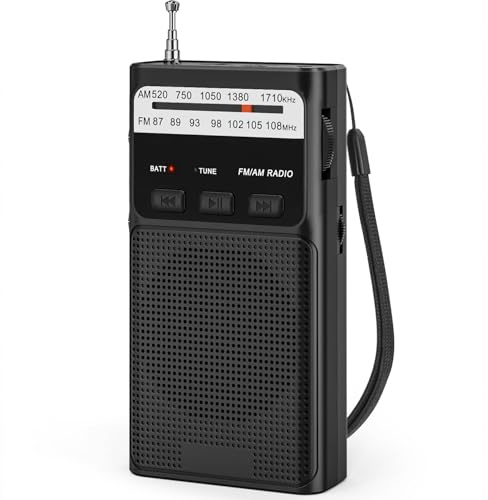 Portable AM/FM Radio, with Back Clip, Built in Rechargeable Batteries, Radio with TF Card slot, 3.5MM Headphone Jack and Light Function（Black）
