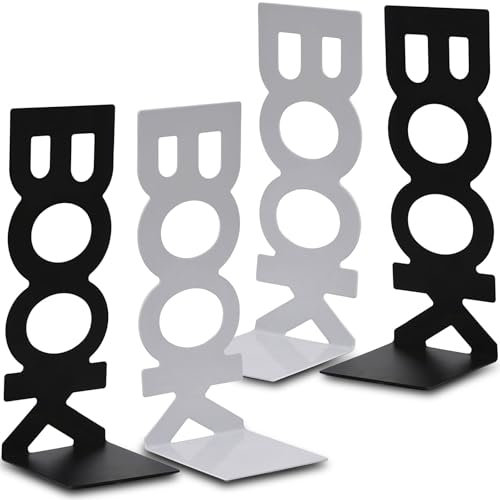 BUCOMTU Buchstütze 4 Stück Schwarz und Weiß Bücherstütze Buchstützen Metal Bücherhalter für Schreibtisch,Büro,Bücherregal,Bücher,DVDs,Magazine,Schule