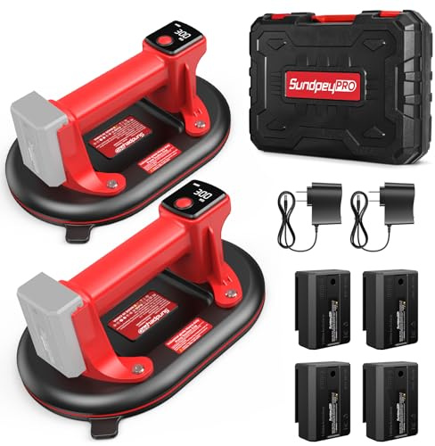 Ventosa per Piastrelle a Batteria, 2 Pezzi SundpeyPRO 10 Ventosa Elettrica con Carico Massimo di 300KG con 4 x 3,0Ah Batterie, Display LCD, Ventose in Vetro per il Sollevamento di Granito e Marmo