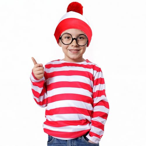 Wildarms Set de costume pour enfants Wally – Chemise à rayures rouges, chapeau et lunettes à monture noire pour Halloween, fêtes thématiques et événements de type cosplay (Rouge, 4-6)