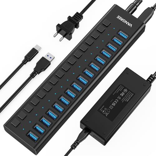 Driven USB-hubb 10Gbps, 16 portar 96W USB 3.2-hubb med individuella av/på-kontakter, 12V/8A-nätaggregat, USB 3.2-splitter för laptop, PC, dator, mobil HDD, minnepinne.