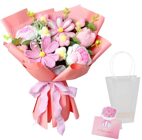 Emivery Handmade Crochet Flower Bouquet - Mixed Tulips & Sunflowers for Mother's Day, Birthday and Home Decor (Pink Tones)