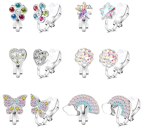 OIXYEY 6 Paia Di Orecchini Ipoallergenici Per Bambini, Orecchini A Clip Per Bambine Senza Fori Alle Orecchie, Gioielli Colorati In Zirconia Per Bambine - Farfalla, Fiore, Cuore...
