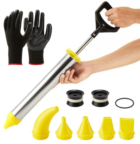 GREENSAPPIRE Edelstahl Mörtelspritze Mörtelpresse mit 5-in-1 Düsen Handschuhen, Ersatz Siegelkopf Handmörtelpumpe und Fugenpistole für Mörtel (Edelstahl gelb)