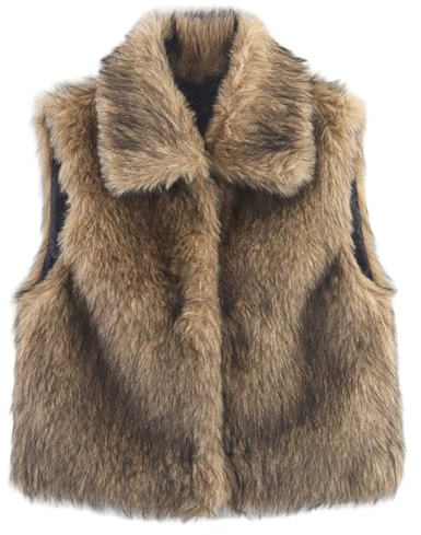Tsawntd Gilet en fausse fourrure, col à revers élégant sans manches boutonné gilet en fourrure pour femme, gilet court d'hiver, gris marron, S