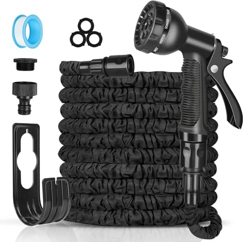 Expandable Garden Hose Pipe 30m/100ft, Heavy Duty Flexible with 7-Function Spray Gun, 3/4 1/2 Fittings, Double Layer Latex Core Hosepipe, Durable & Anti-Leak Kink Free (Black)
