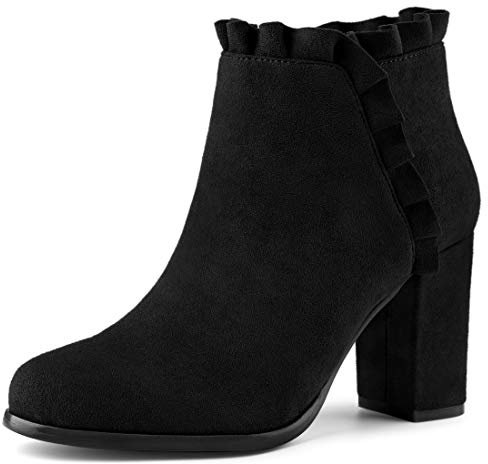 Allegra K Women's Ruffle Block Heel Black Ankle Boots 8 M US
