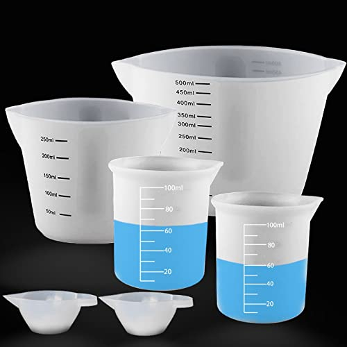6 Stück Silikon Messbecher Krüge, 500ml/250ml/100ml/15ml Epoxidharz Mischbecher mit Skala Clear, Silikon becher Set für Epoxidharz