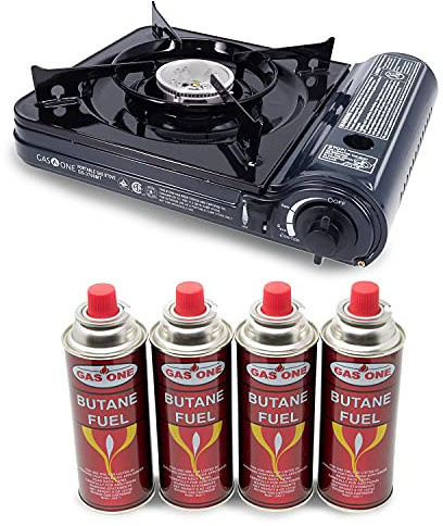 Gas One 10,000 BTU Portable Butane Gas Stove with 4 Pack Fuel and Carrying Case - Midnight