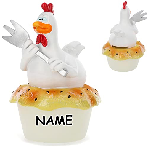 alles-meine.de GmbH Spardose Verschiedene Modelle wählbar mit Verschluss - aus Kunstharz/Polyresin lustiges Huhn mit Gabel/Suppenhuhn - mit Essen inkl. Name - mit Ver..