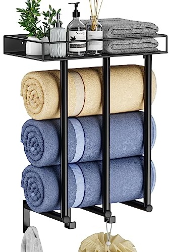 Ovicar Towel Racks for Bathroom - Wall Mounted Towel Rack with Metal Shelf & 3 Hooks, Wall Towel Holder for Small Bathroom, Bath Towel Storage for Rolled Towels, Black