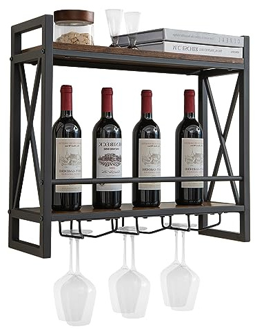 KOMFOTTEU Botellero de Pared, Estante de Vino Decorativo con Portavasos para Copas, Soporte para Botellas Colgante, 20 kg de Carga por Capa, para Cocina, Bodega, Bar (60 x 20 x 55 cm)