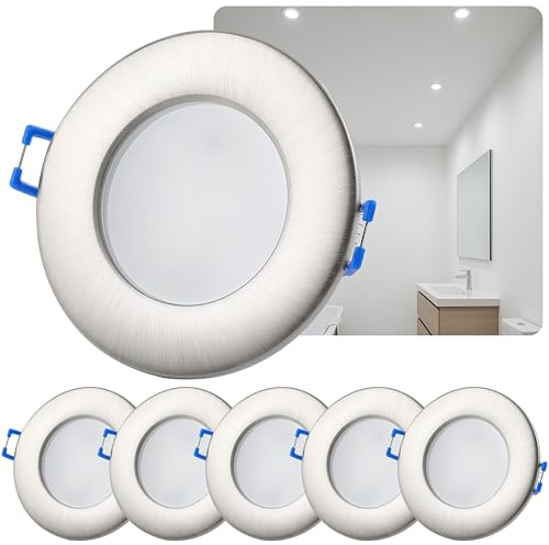 Sweet Led Einbaustrahler 230V IP44 – 5er Set flache Deckenspots 6,5W 530lm kaltweiß 6500K Ø68mm Einbau – Chrom gebürstet für Bad, Küche, Feuchträume