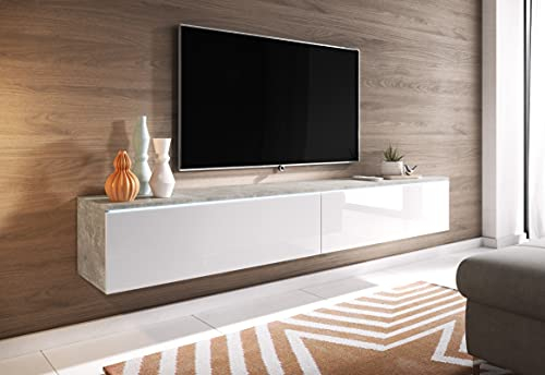 MINIO go for it TV Schrank Donna, Breite 180 cm, TV Lowboard, Stehend oder Hängend, Fernsehschrank für das Wohnzimmer, Laminierte Spannplatte, Moderner Stil, Beton/Weiss Hochglanz - LED Beleuchtung