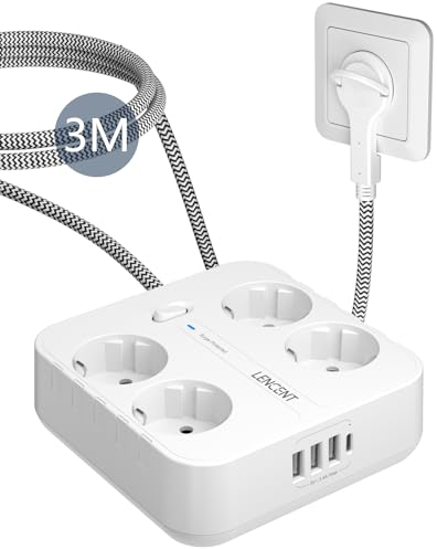 LENCENT 4 Fach Flachstecker Steckdosenleiste, USB Steckdosenleiste mit Überspannungsschutz, 4 AC, 3 USB und 1 Typ C Anschlüsse, Steckerleiste mit 3M Geflochtenem Kabel für Wandsteckdose