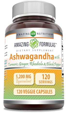 Amazing Formulas Ashwagandha Supplement | Contains Turmeric, Ginger, Rhodiola, & Black Pepper | 5200 Mg Per Serving | Veggie Capsules | Non-GMO | Gluten-Free | Made in USA (1 Pack, 120 Count)