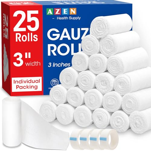 AZEN Paquete de 25 rollos de gasa vendas, 3 pulgadas x 4.1 yardas, vendaje para veterinarios, envoltura de momia
