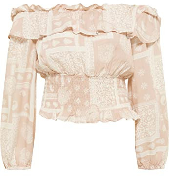 RAKATA Blusa Carmen, Beige Blanco, XS para Mujer