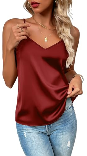 Zeagoo Débardeurs en Satin pour Femme Casual Sexy Caraco à Encolure en V sans Manches Top en Soie à Bretelles réglables Rouge Bordeaux L