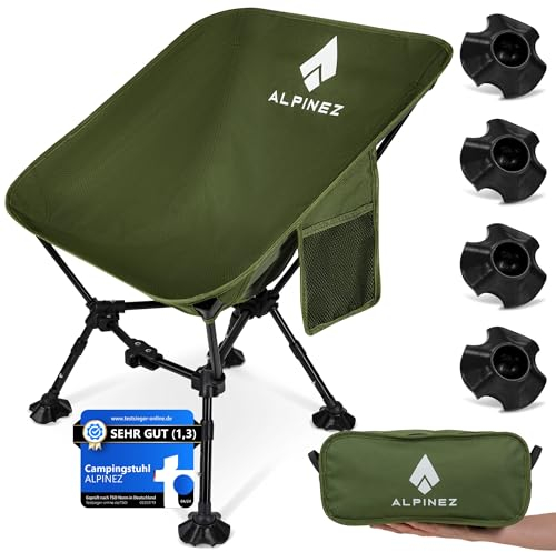 ALPINEZ Campingstuhl faltbar leicht höhenverstellbar | kleines packmaß Faltstuhl Camping Stuhl | Angelstuhl ultraleicht Strandstuhl mit Fußkappen