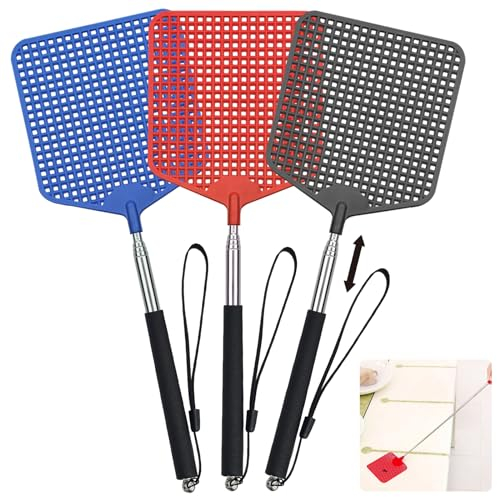 Set de 3 Tapette à Mouches, tapettes à Mouches Manche télescopique, Plastique Tapette à Mouches, Lutte Antiparasitaire Manuelle pour Intérieur Jardin Moustiques Insectes, Noir, Rouge, Bleu