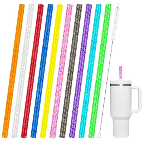 10 Pack Swirl Color Replacement Straws for Stanley 40 oz 30 oz Cup Tumbler, Long Reusable Clear Plastic Swirl Straws with Cleaning Brush, Hard Plastic Replacement Straws for Stanley, Half Gallon Jug