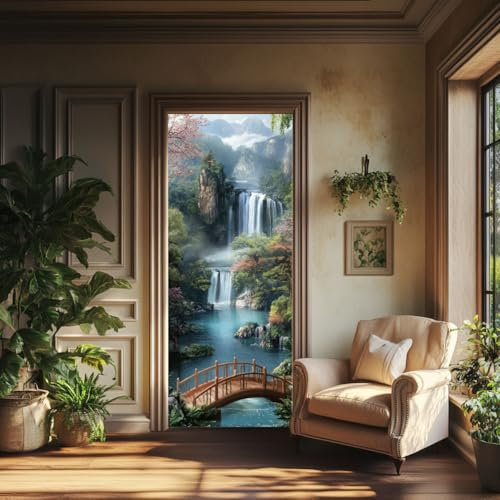 arricraft 2 Pcs Self-Adhesive Door Sticker, 80cmx200cm/31.5x78.7 Mountain and Waterfall Pattern Door Murals Stickers PVC Door Removable Wallpaper Decoration for Bedrooms ​Living Room