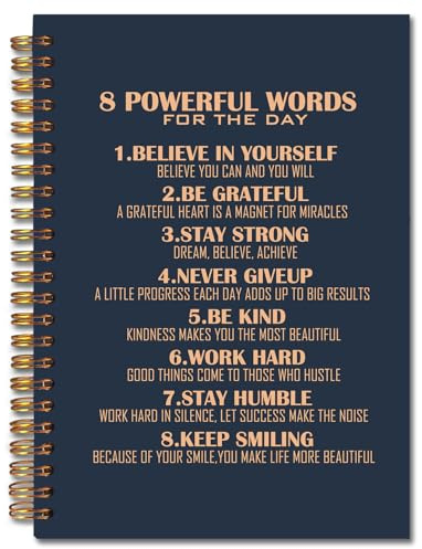 Exqcom Navy Blue Motivational Spiral Notebooks, Inspirational Journal, Positive Journals for Writing, 8 Powerful Words for the Day Inspirational Notebook for Note Taking, 5.5x8.3 Inch